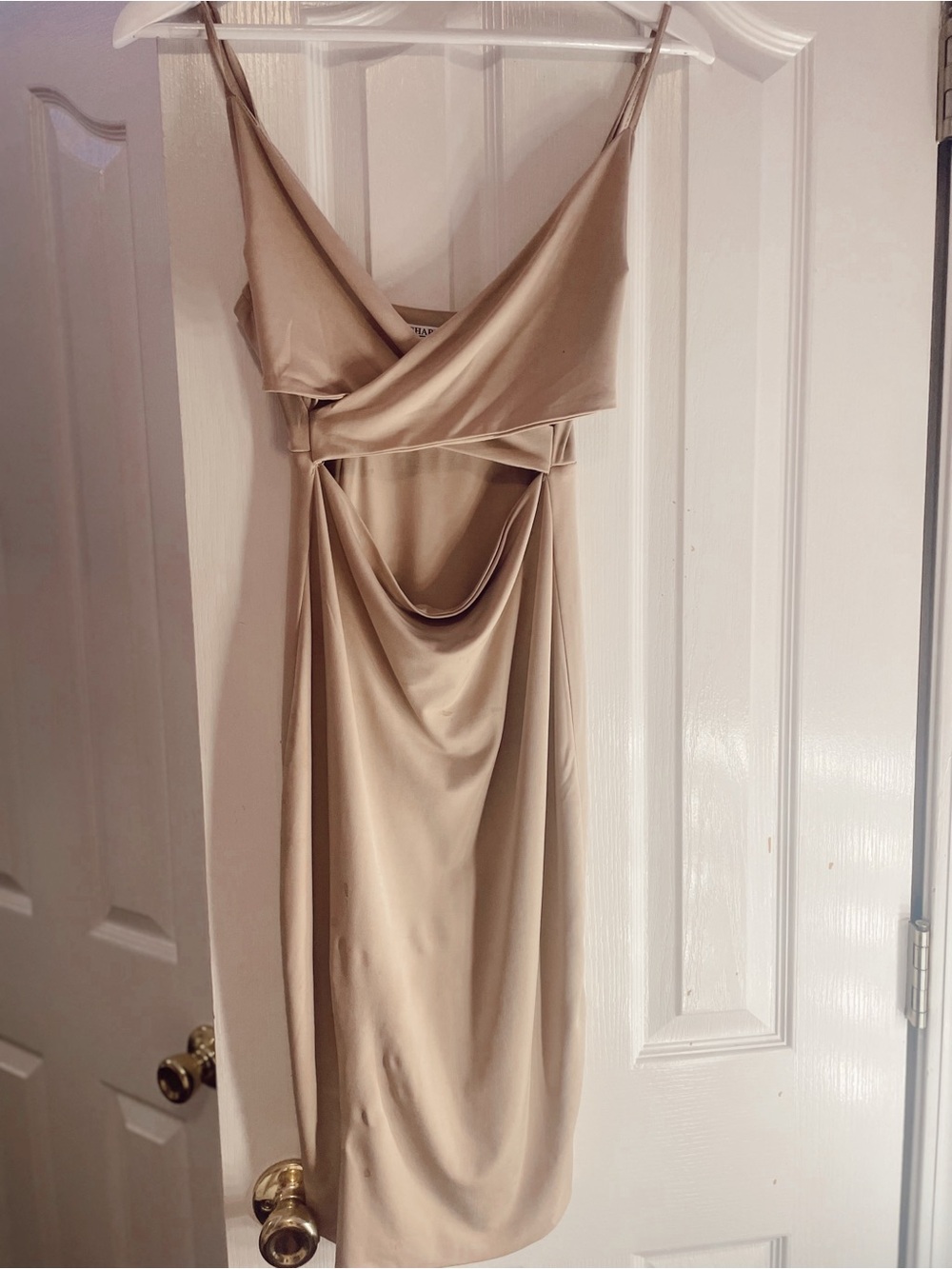 Draped Satin Midi Party/ Club Dress in Beige
